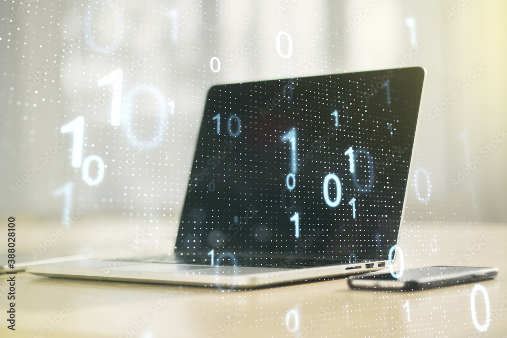 Poster creative abstract binary code sketch on modern laptop background, hacking and matrix concept. multie