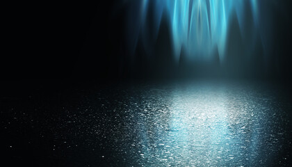 Fototapeta premium Dark abstract background. Empty dark street background at night. Spotlight reflects on the asphalt, blurry night lights. Smoke, fog. 3d illustration