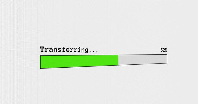 Transferring progress bar computer screen animation loop isolated on white background with green transfer bar progress indicator display in 4K. Transfer Screen with percentage