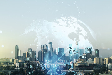 Double exposure of abstract programming language hologram and world map on Los Angeles city skyscrapers background, research and development concept