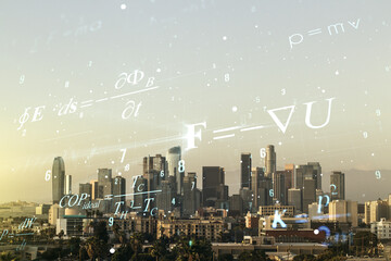 Abstract scientific formula hologram on Los Angeles skyline background. Multiexposure