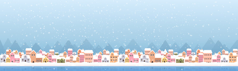 Winter town flat style with snow falling and mountain abstract background