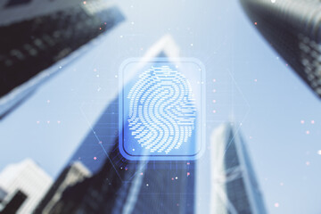 Abstract virtual fingerprint illustration on modern architecture background, personal biometric data concept. Multiexposure