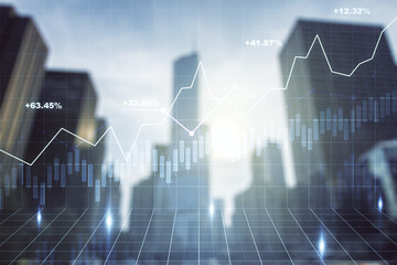 Double exposure of abstract financial diagram on office buildings background, banking and accounting concept