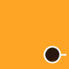 White coffee cup with coffee in the mug placed on a yellow background.