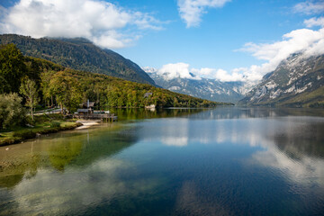 Fototapeta na wymiar View over Bohinjsko jezero aka Lake Bohinj from Ribcev Laz bridge, Slovenia