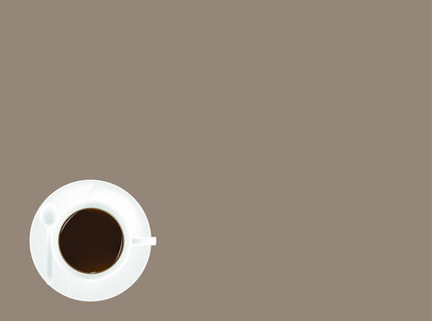 White coffee cup with coffee in the mug placed on a grey background.