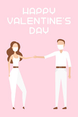 HAPPY VALENTINE'S DAY card. Couple in face masks. Vertical. Vector illustration.