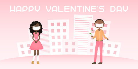 HAPPY VALENTINE'S DAY card. Boy and girl in face masks. Vector illustration.