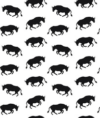 Vector seamless pattern of hand drawn running bull silhouette isolated on white background