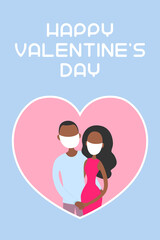 VALENTINE'S DAY poster. Couple in face masks. Vector illustration.