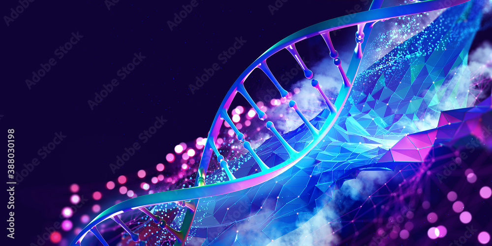 Wall mural dna helix 3d illustration. mutations under microscope. decoding genome. virtual modeling of chemical