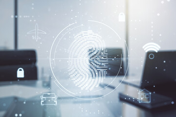 Multi exposure of abstract creative fingerprint illustration and modern desktop with computer on background, digital access concept