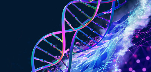 DNA helix 3D illustration. Mutations under microscope. Decoding genome. Virtual modeling of chemical processes. Hi-tech in medicine