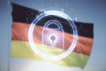 Double exposure of virtual creative lock hologram with chip on German flag and blue sky background....