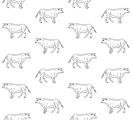 Vector seamless pattern of hand drawn doodle sketch standing bull isolated on white background