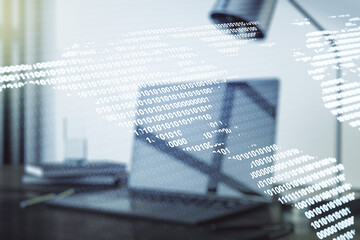 Digital America map on modern laptop background, international trading concept. Multiexposure