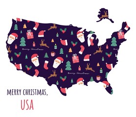 United States of America map with seamless Christmas pattern. Santa Claus, candles, deer, berries, trees. Greeting card with New Year holiday symbol. Cartoon funny vector illustration.