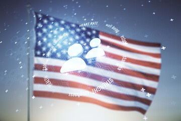 Abstract virtual people icons on US flag and blue sky background. Life and health insurance concept. Multiexposure