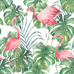 Tropical seamless pattern with flamingo and palm trees. Watercolor print on white background. Summer hand drawn illustration