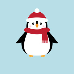 Vector flat cartoon penguin in hat and scarf isolated on blue background