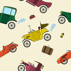 Seamless pattern with retro cars and bags in cartoon style on beige background.