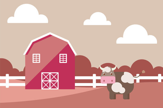 Farm animals with landscape - cow. Cute cartoon illustration in flat style