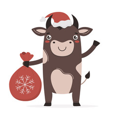 Cute cartoon bull in the new year 2021. The Chinese symbol Ox wishes you a merry Christmas, holds a bag of gifts. Flat vector illustration on a white background.
