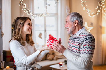 Senior man giving present to happy granddaughter indoors at home at Christmas. - Powered by Adobe