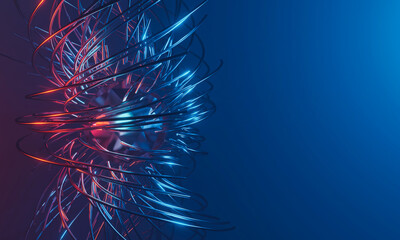 Exploding metal sphere and tubes in blue and red color on gradient. Abstract background, 3D illustration