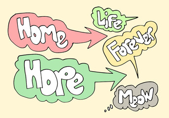 Handdrawn arrows, borders set with handwritten text:home,hope,life,forever,meow. Vector icon.