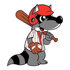 Funny Raccoon Cartoon Characters wearing baseball helmet and jersey while carrying baseball bat and gloves, Full baseball games equipment, best for baseball club mascot or t-shirt design