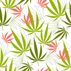 Seamless pattern with hemp leaves on a white background.