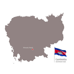 Silhouette of Cambodia country map. Highly detailed gray map and national flag and Phnom Penh capital, Southeast Asia country territory borders vector illustration on white background
