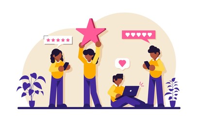 Customer reviews rating. People are holding stars, giving five star Feedback. Feedback consumer, customer review evaluation. Modern flat illustration.