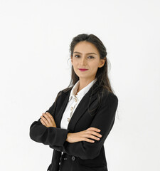 Vertical image of young attractive caucasian business woman friendly smile and confident standing arm crossed on white studio background. Side view shot, half portrait. 