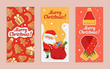 Merry Christmas greeting card vector illustration set with cartoon cute Santa Claus character and bag full of gifts presents for Christmas winter holidays, red Santa hat and scarf festive collection