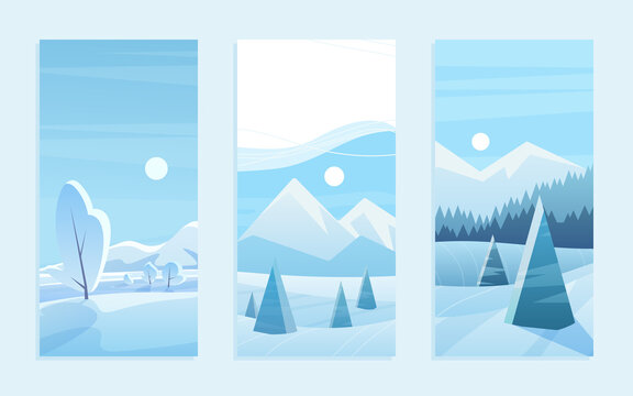 Christmas landscape greeting card vector illustration set. Cartoon cute frost woods with geometric pine trees under snow, blue flat mountains on horizon, snowy winter woodland landscape collection