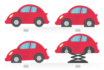 Vector four red cartoon toy cars. Car with a flat tire. Car without wheels on a jack. Isolated on white background.