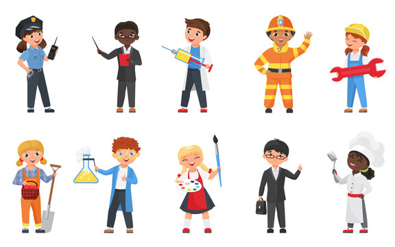 Kids in different professions and poses vector illustration set. Cartoon flat happy child character collection of children wearing professional worker uniform, holding tools for work isolated on white