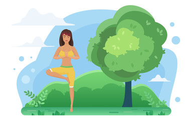 Yoga meditation in nature vector illustration. Cartoon active yogist woman character doing vrikshasana tree position, meditating in yoga asana, healthy activity in natural landscape isolated on white