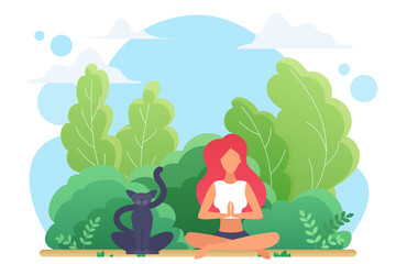Yoga lotus pose vector illustration. Cartoon cute young woman yogist character sitting in lotus asana, relax outdoor with cat pet, zen yoga exercises for meditation and mental health isolated on white