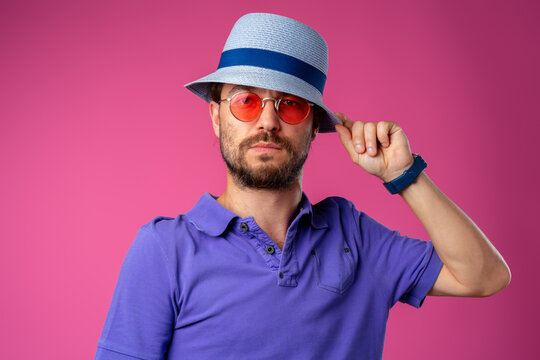 Funny Bearded Smiley Man Wearing Beach Hat And Sunglasses