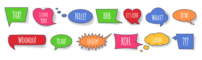 Comic colorful speech bubble set with conversation phrases and words .