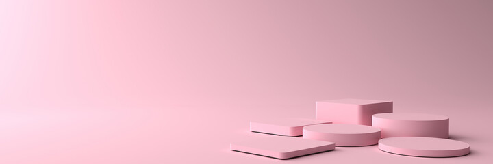 3D rendering of Round and Square pink Pedestal, Podium for display product on the pink floor. Pedestal can be used for advertising, Isolated on pink background, Product Presentation, illustration.