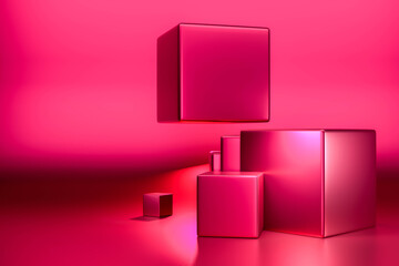 Pedestal steps and shelf beyond imagination on red background 3d render illustration. Podium steps for brand promotion product