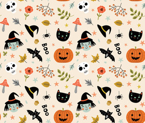 Funny pattern for Halloween with a witch and a cat