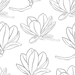 Seamless pattern Magnolia flowers black and white colors graphics vector illustration