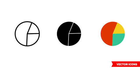 Chart pie icon of 3 types color, black and white, outline. Isolated vector sign symbol.