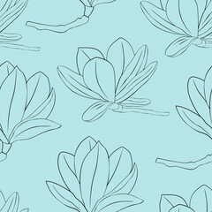 Seamless pattern Magnolia flowers black and white colors graphics vector illustration